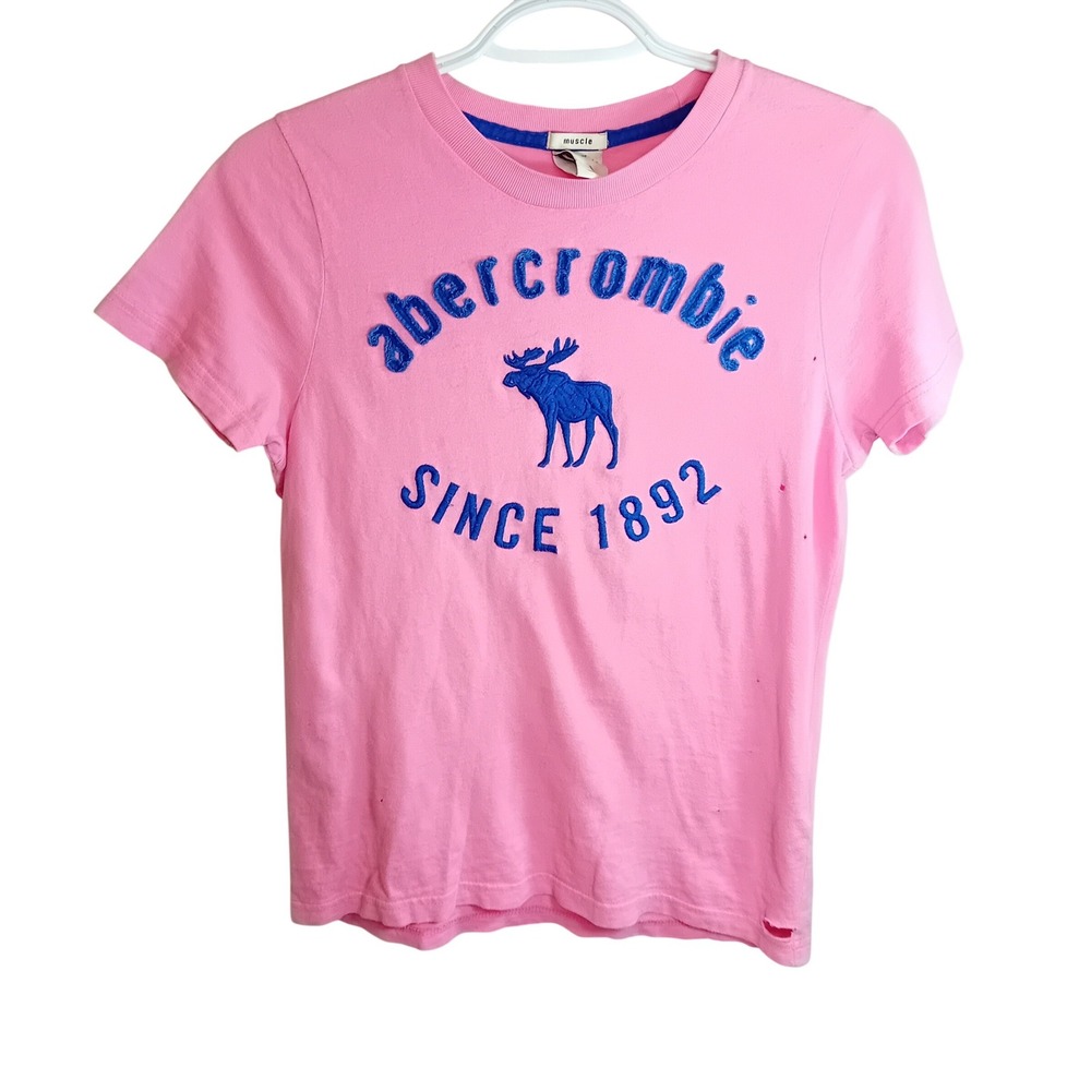 Y2K Abercrombie Kids Boys Muscle Graphic Tee Embroidered Logo Moose L HOLES READ